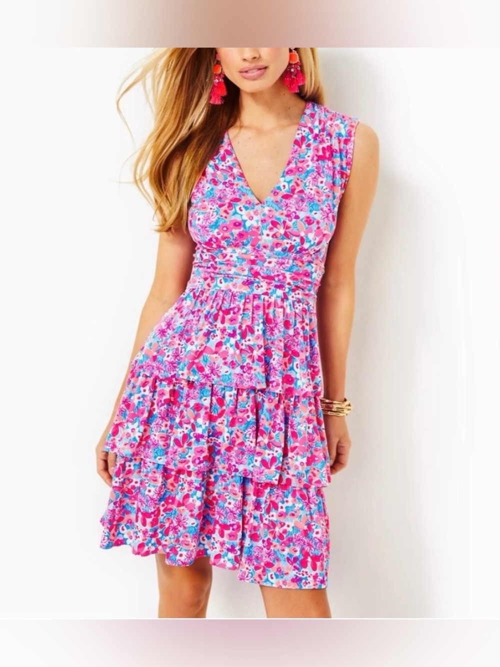 Lilly Pulitzer Faye V-Neck Ruffle Dress in Aura Pink Baby Boomer; NWT, Sz. M